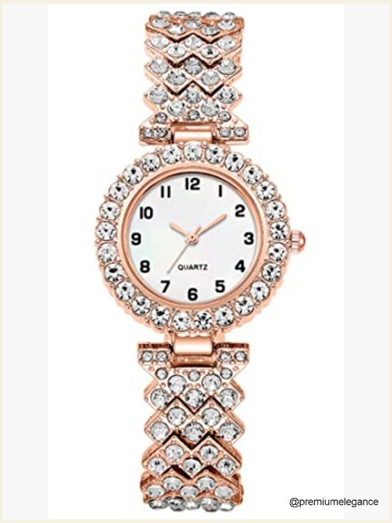 Luxury Diamond Dial Quartz Wrist Watch Set with Bangle Bracelet main image 5
